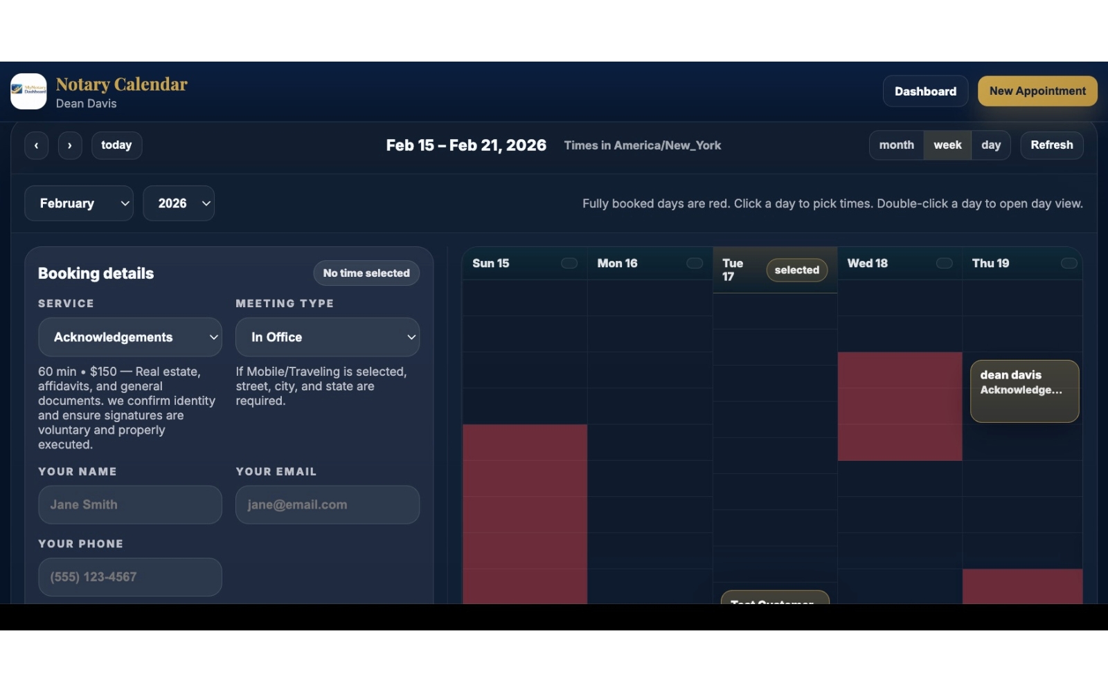 Calendar booking screenshot